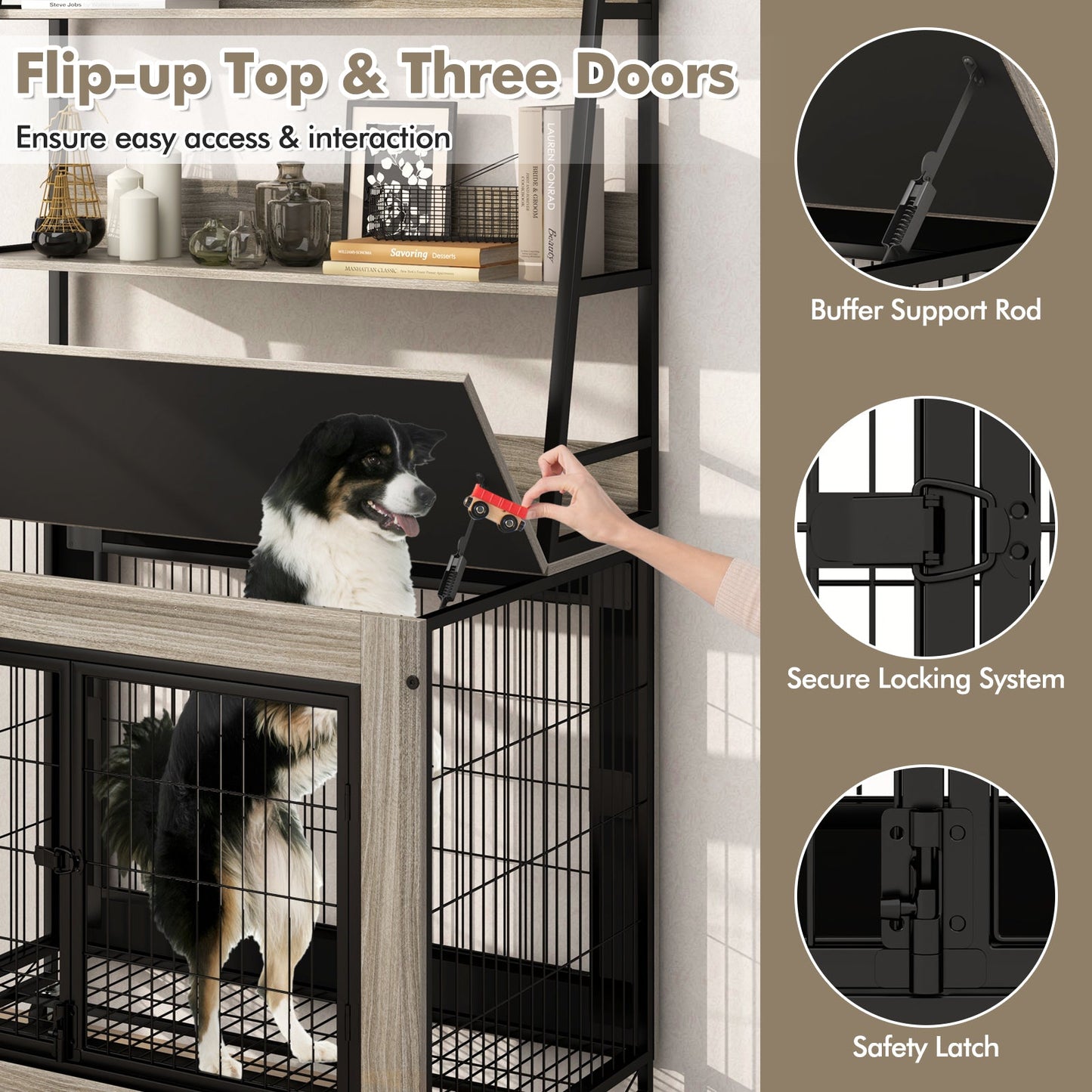 Industrial Dog Kennel Dog Crate Furniture with Storage Shelves-Gray