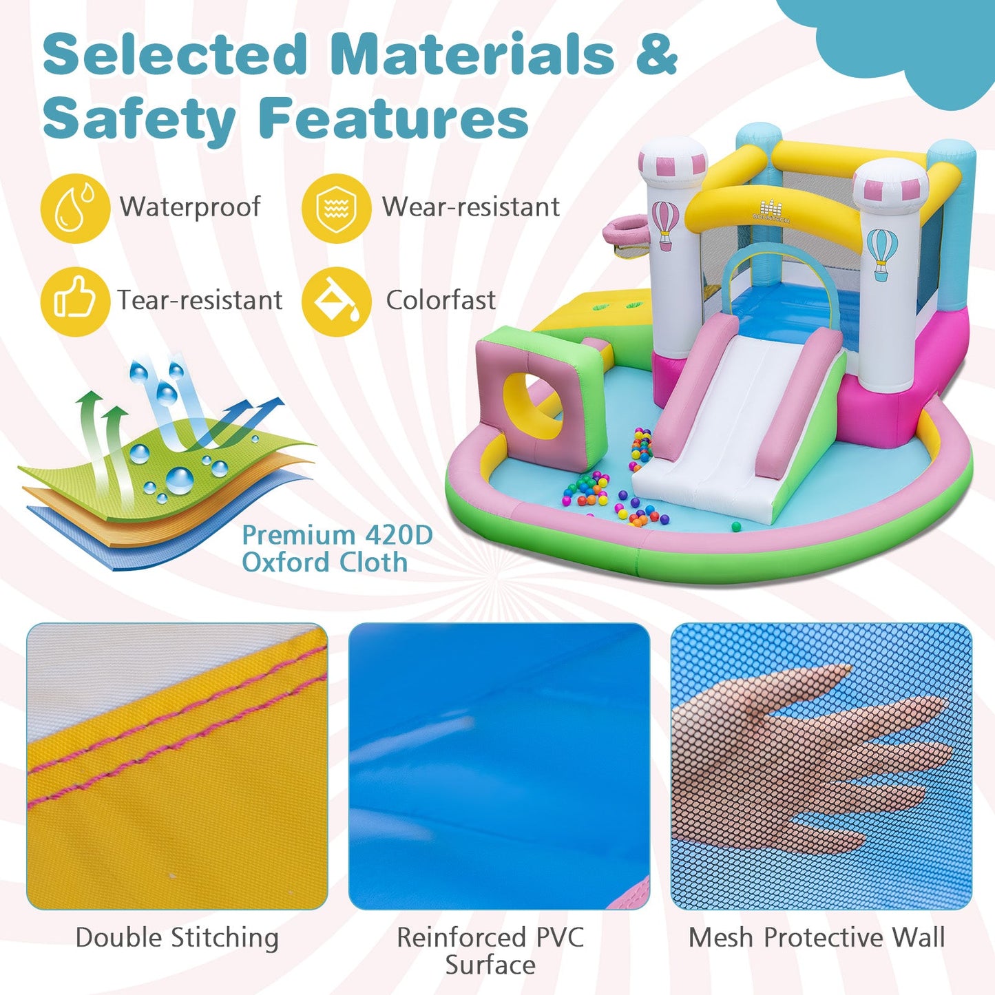 Inflatable Bounce House Bouncy Castle with Slide and Obstacle and Ball Pit with 480W Blower