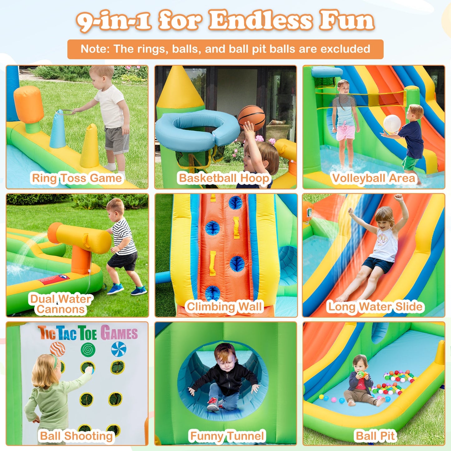 Inflatable Water Slide Giant Water Park 9-In-1 for Kids Backyard Fun with 735W Blower