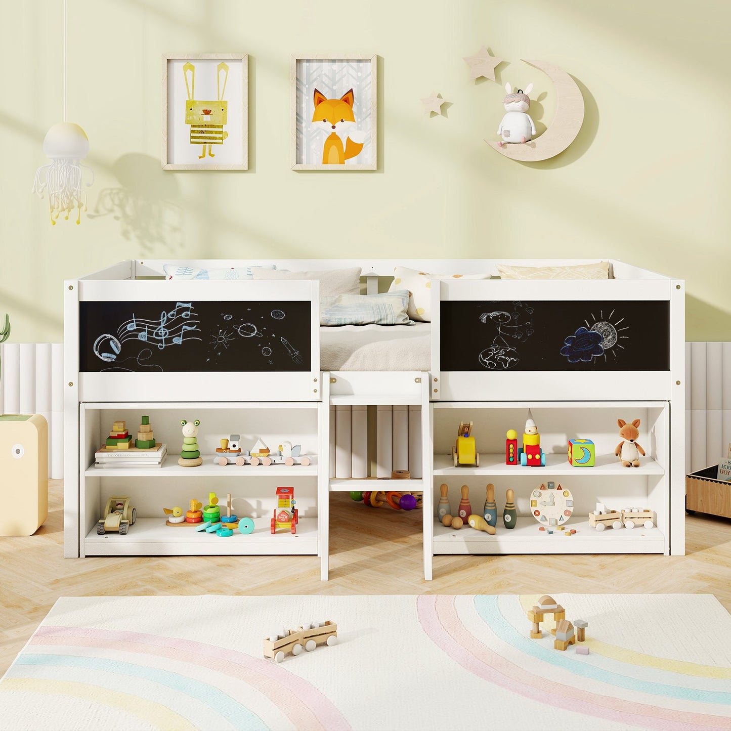 Kid Twin Size Low Loft Bed with Chalkboard Ramp Ladder and Bookcases-White