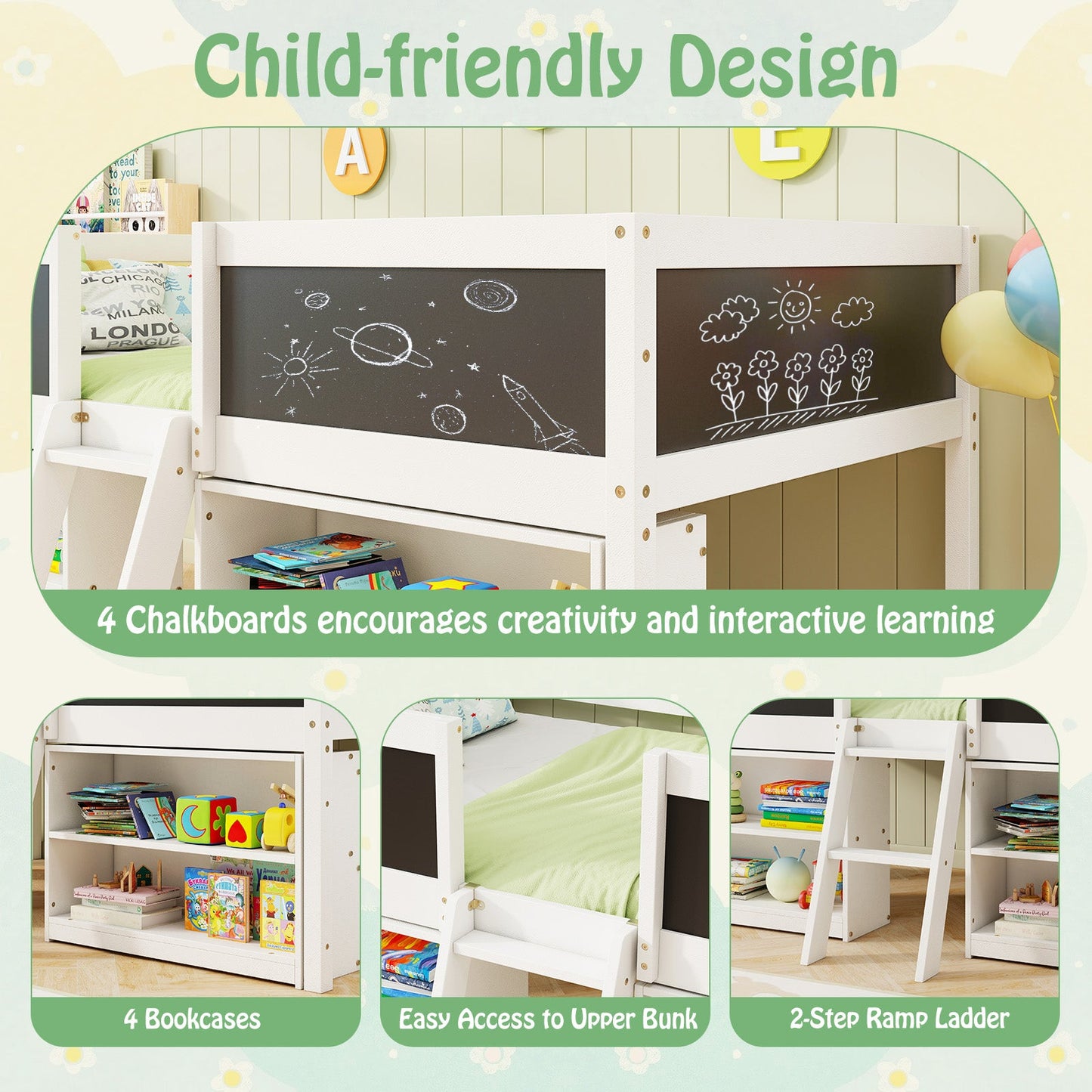 Kid Twin Size Low Loft Bed with Chalkboard Ramp Ladder and Bookcases-White