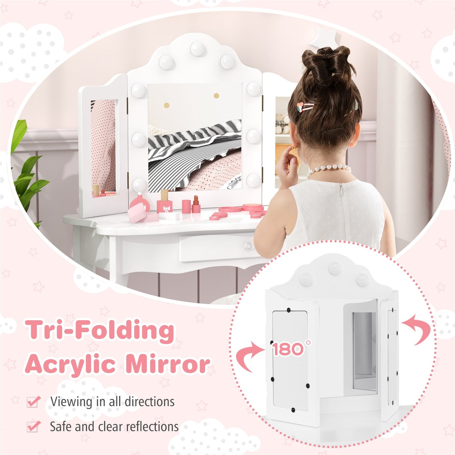 Kid Vanity Table Stool Set with Tri-Folding Mirror and 3-Color LED Lights-White