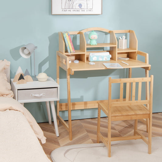 Bamboo Kids Study Desk and Chair Set with Bookshelf