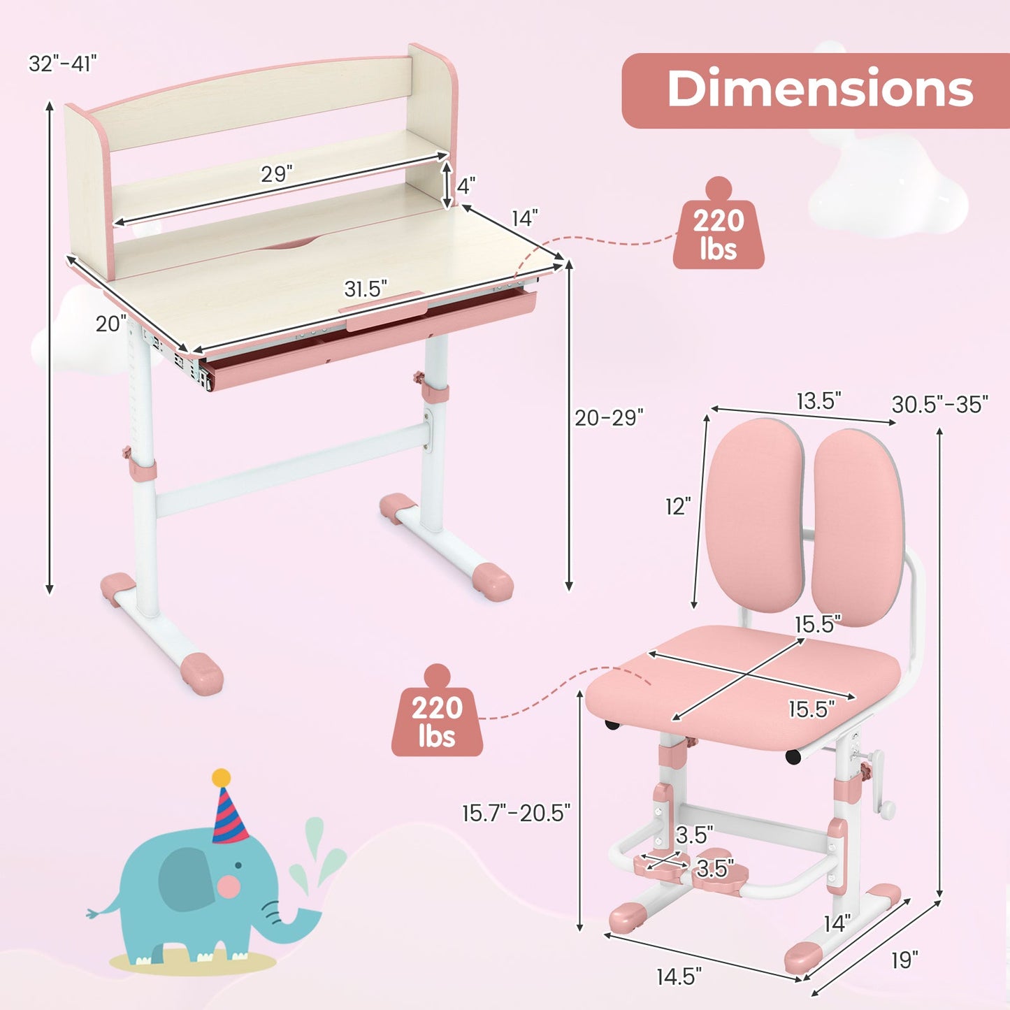 Kids Desk and Chair Set with Adjustable Height and Tilted Desktop-Pink