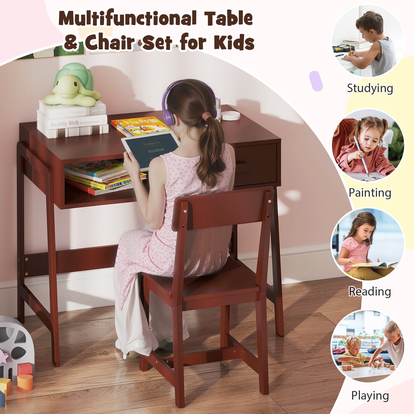 Kids Desk and Chair Set with Storage Drawer and Hutch-Brown