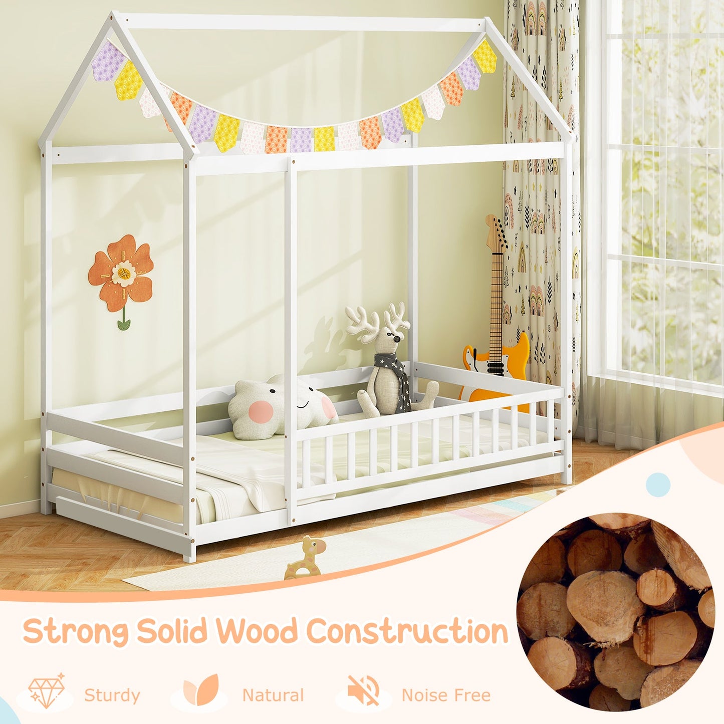 Twin Size Kids House Bed Wooden Floor Bed with Roof and Full-length Safety Guardrail-White