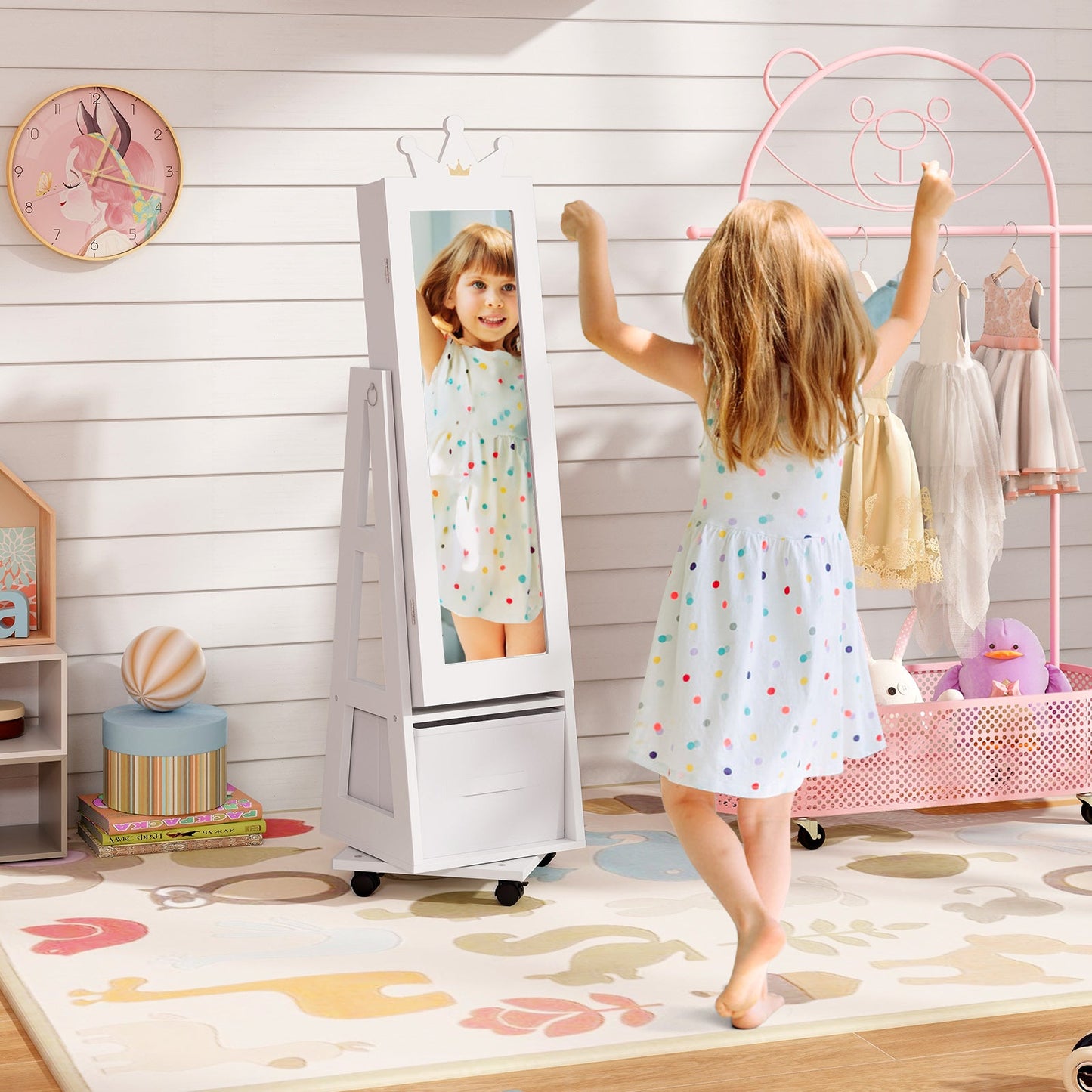 Kids Jewelry Armoire Cabinet with Swivel Base and Lockable Universal Wheels-White