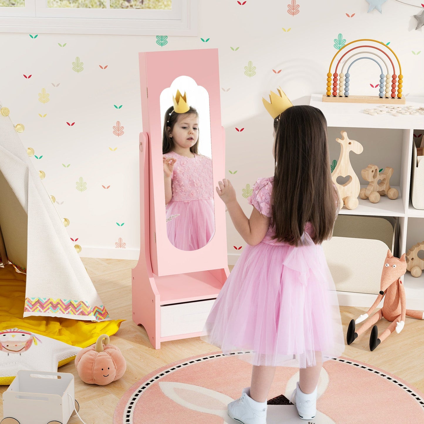 Freestanding Kids Jewelry Armoire Cabinet with Storage and 2 Tilt Angles-Pink