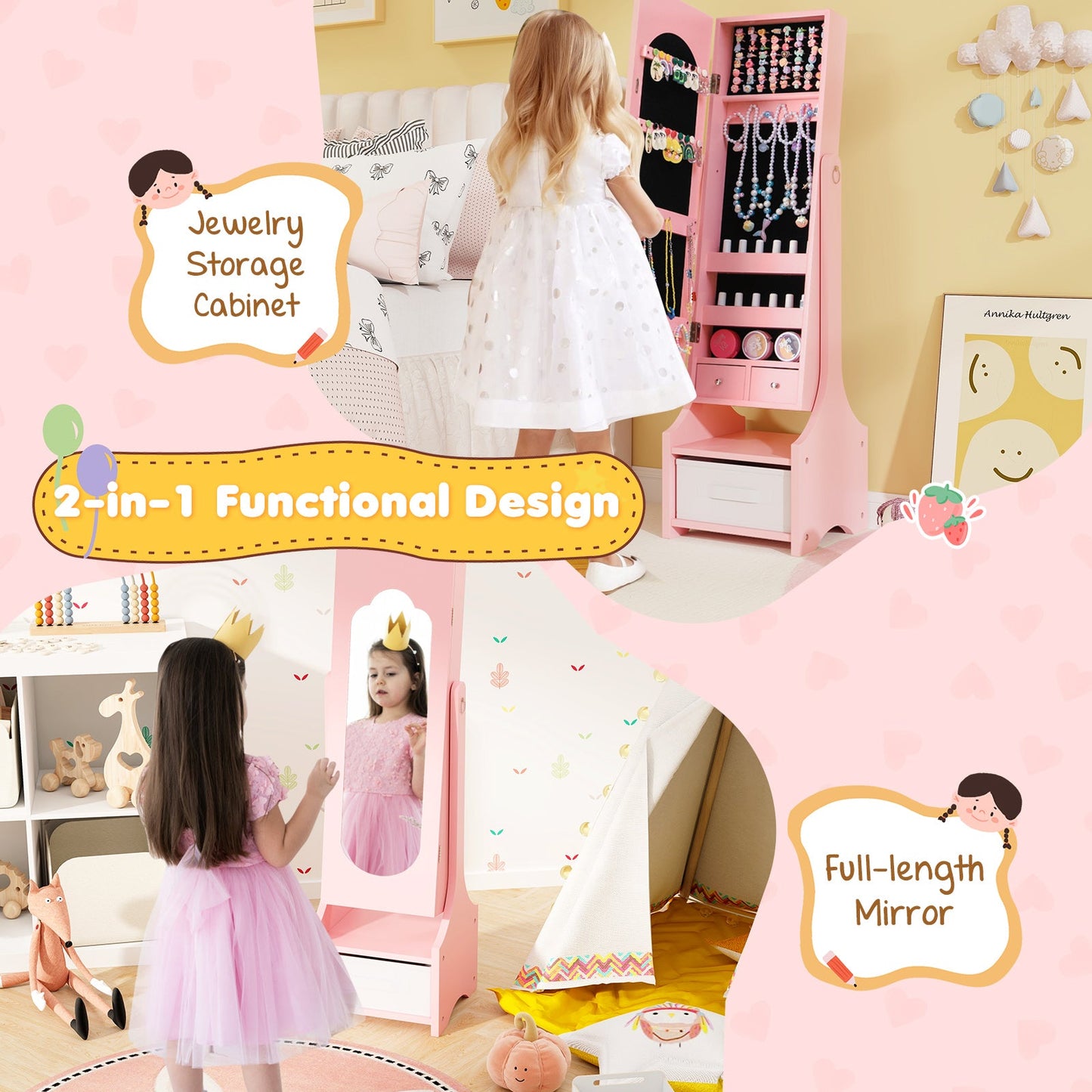 Freestanding Kids Jewelry Armoire Cabinet with Storage and 2 Tilt Angles-Pink