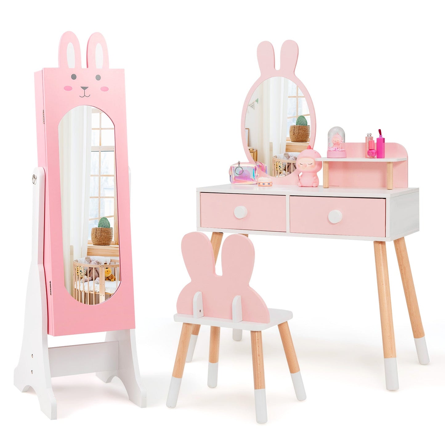 Kids Jewelry Armoire Cabinet with 2 Tilt Angles and Large Capacity-Pink