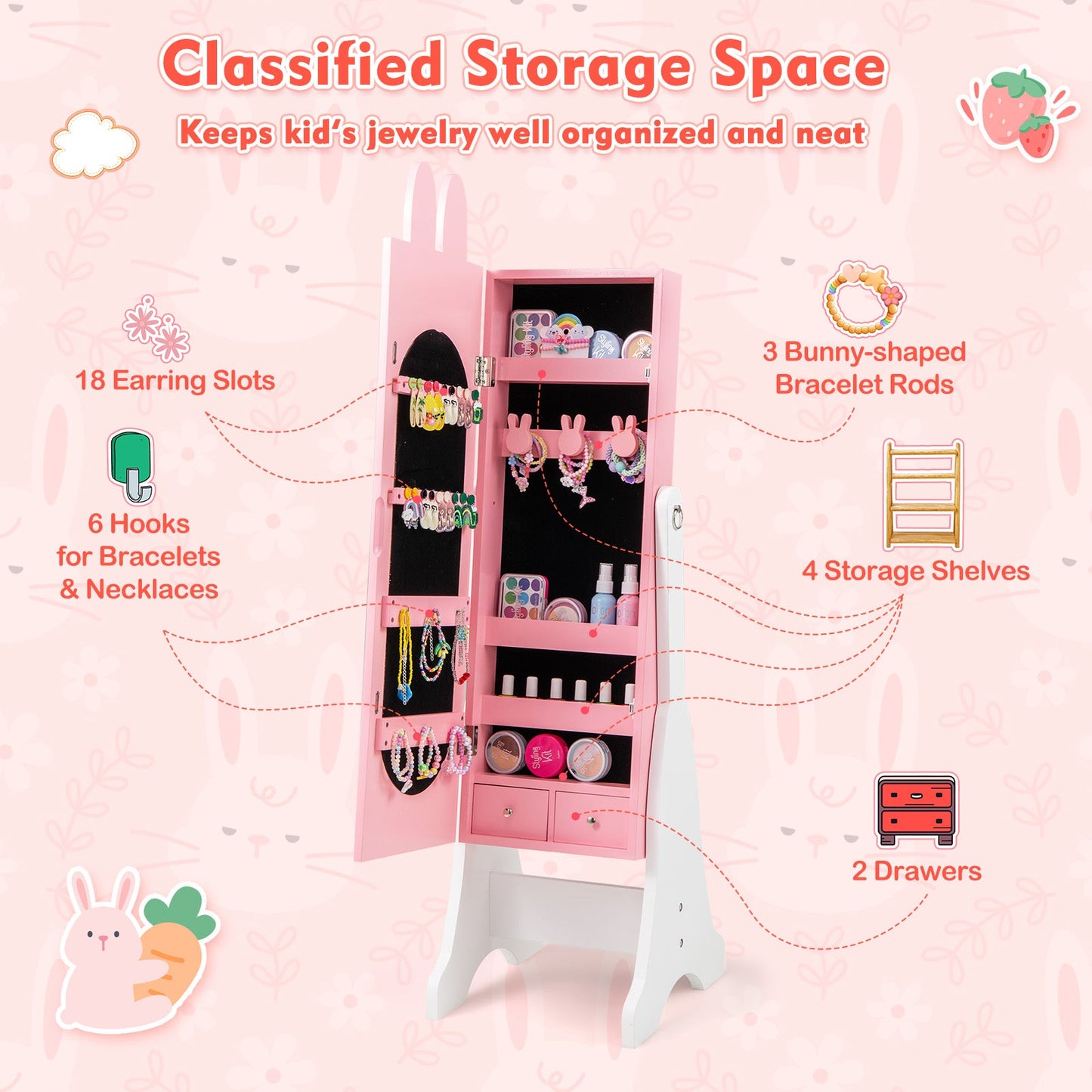Kids Jewelry Armoire Cabinet with 2 Tilt Angles and Large Capacity-Pink