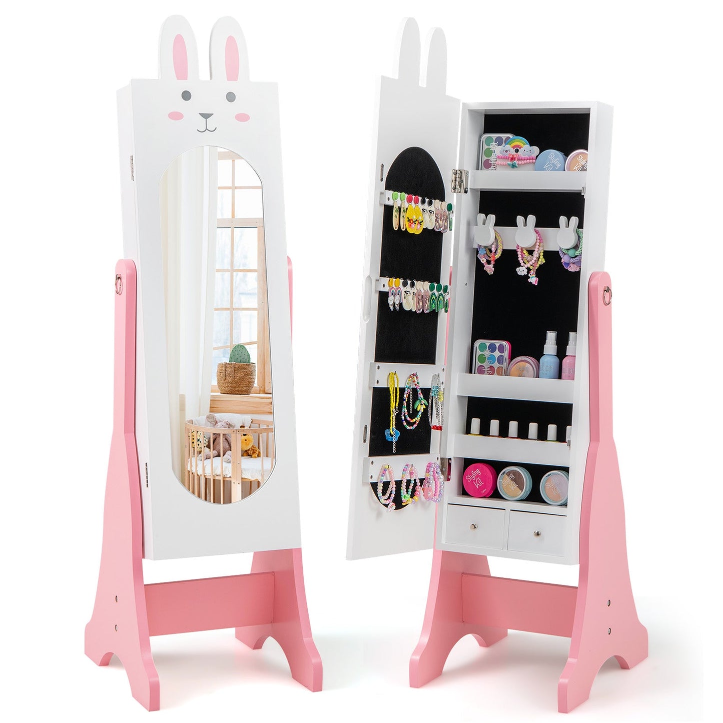 Kids Jewelry Armoire Cabinet with 2 Tilt Angles and Large Capacity-White