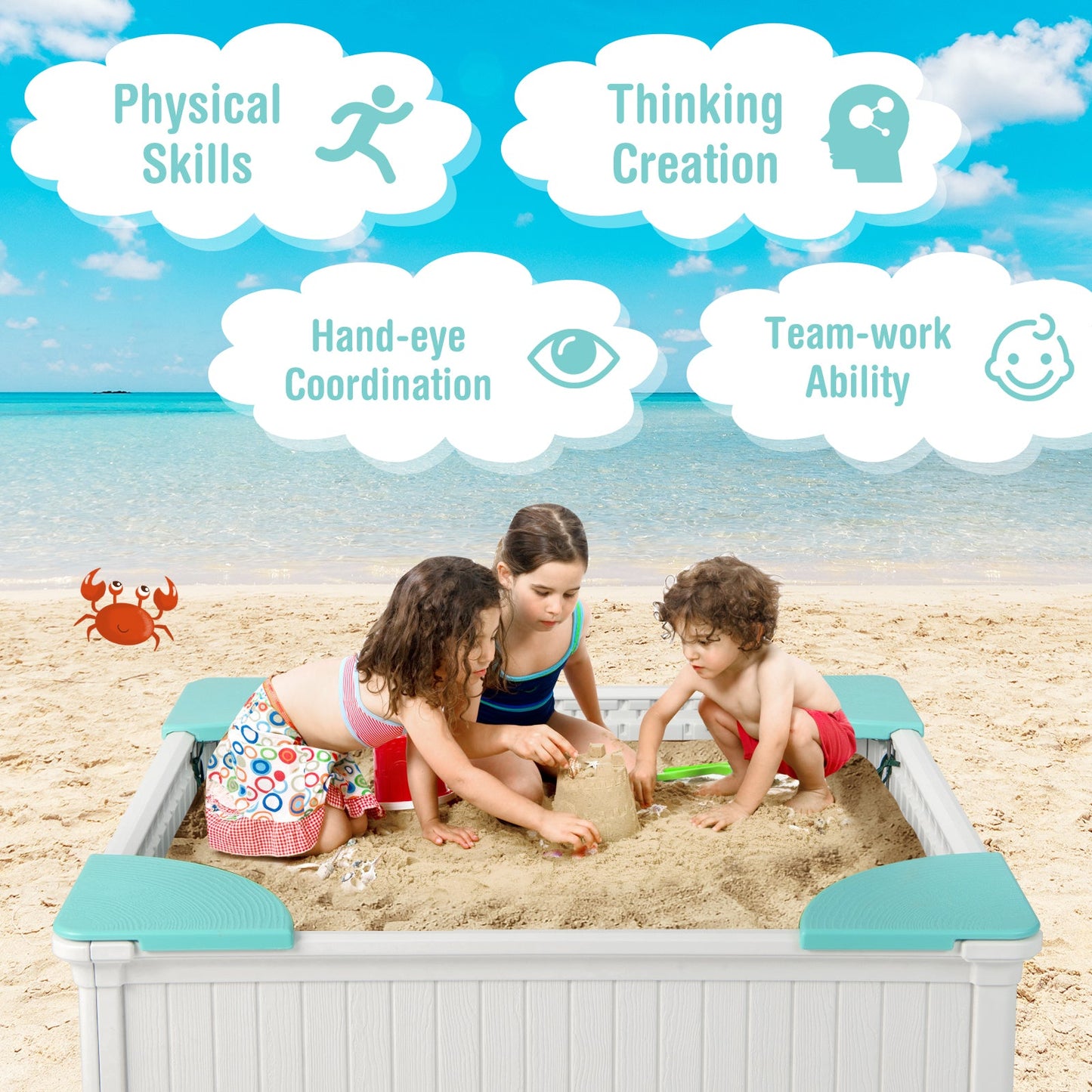 Kids Outdoor Sandbox with Oxford Cover and 4 Corner Seats-White
