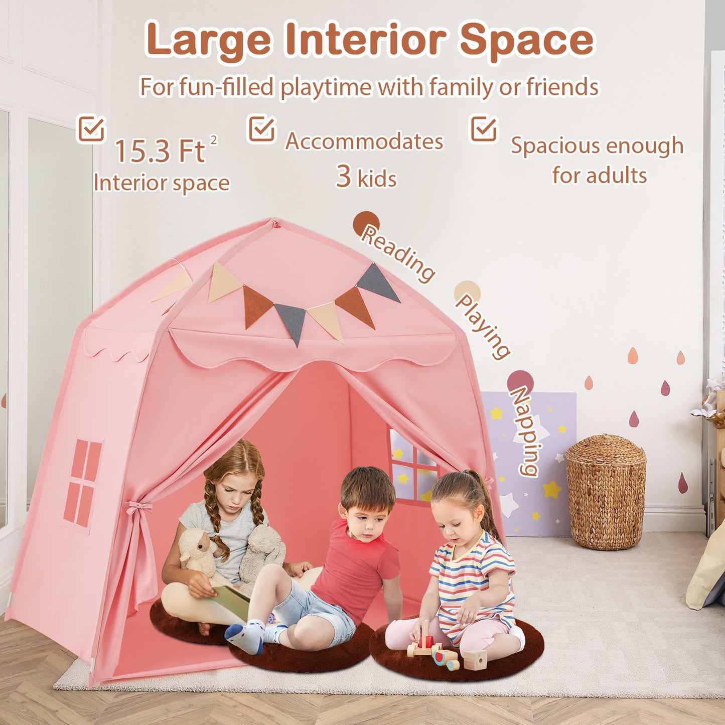 Kids Play Tent Bed Tent with String Lights Extra Large Playhouse Tent-Pink
