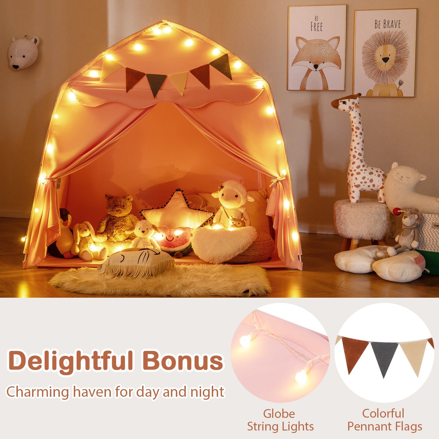 Kids Play Tent Bed Tent with String Lights Extra Large Playhouse Tent-Pink