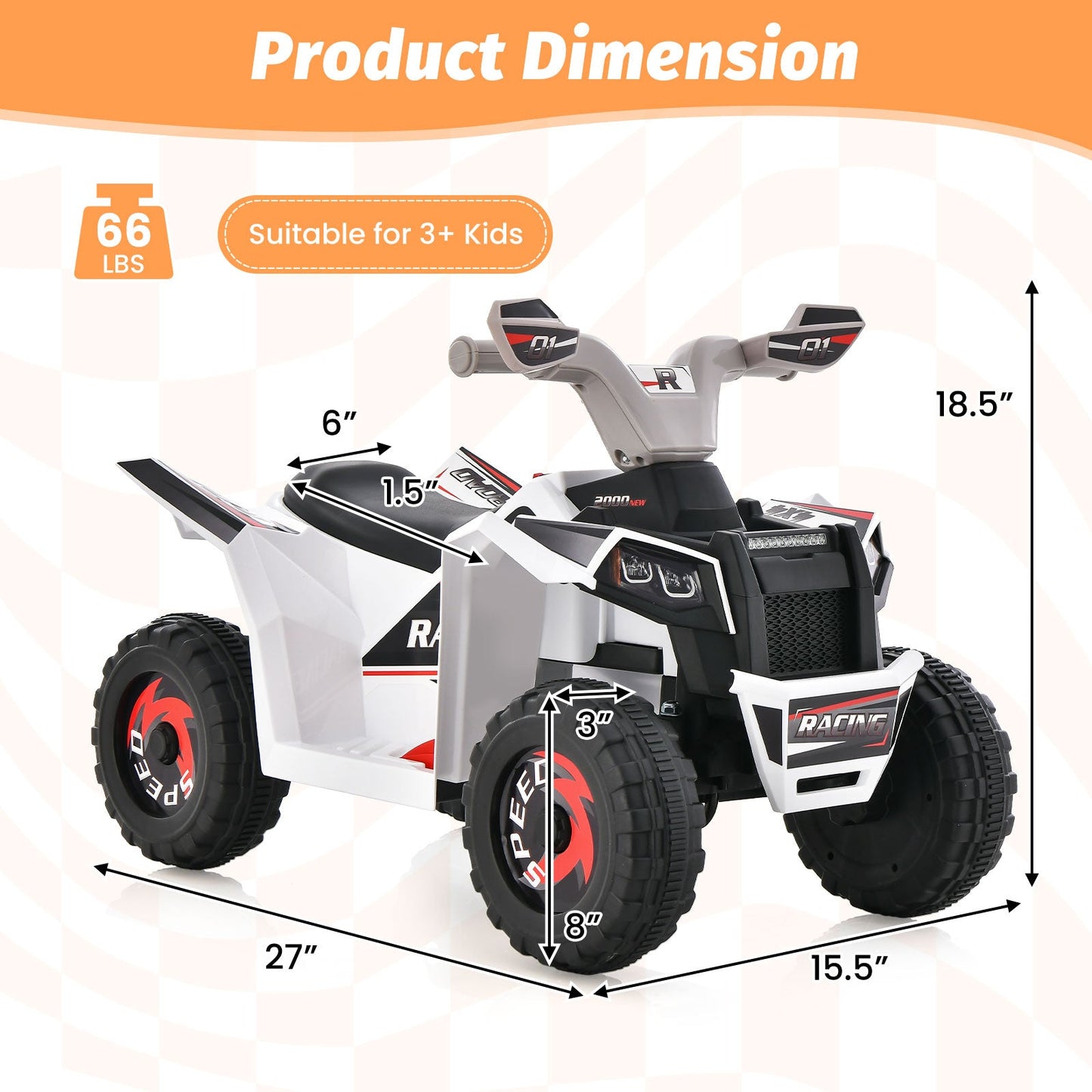 Kids Ride on ATV 4 Wheeler Quad Toy Car with Direction Control-White