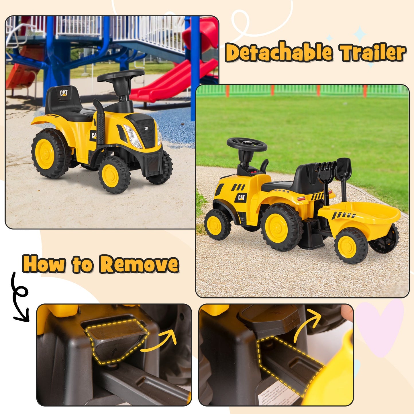 Kids Ride on Tractor Licensed Caterpillar with Detachable Trailer No Power-Yellow