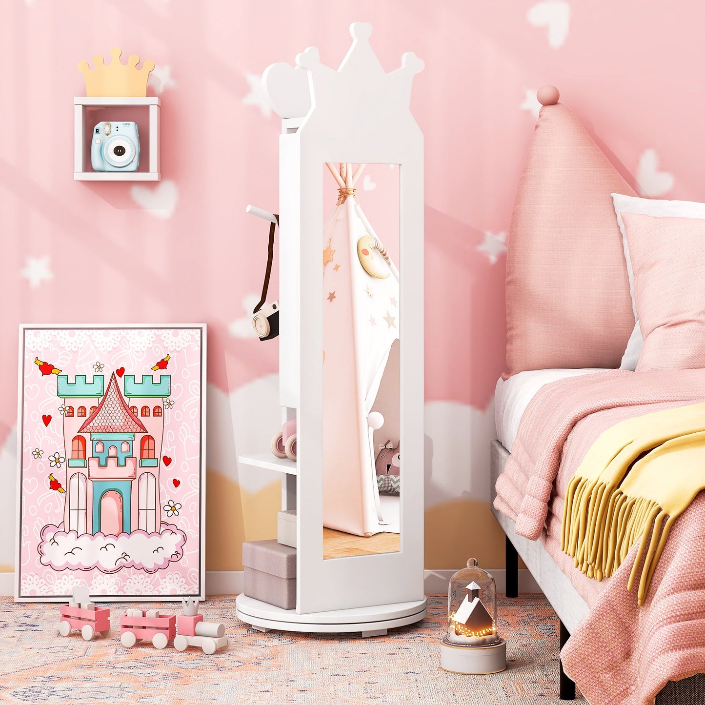 Kids Room Furniture Set Princess Vanity Table and Stool Set with Mirror and Drawer-White