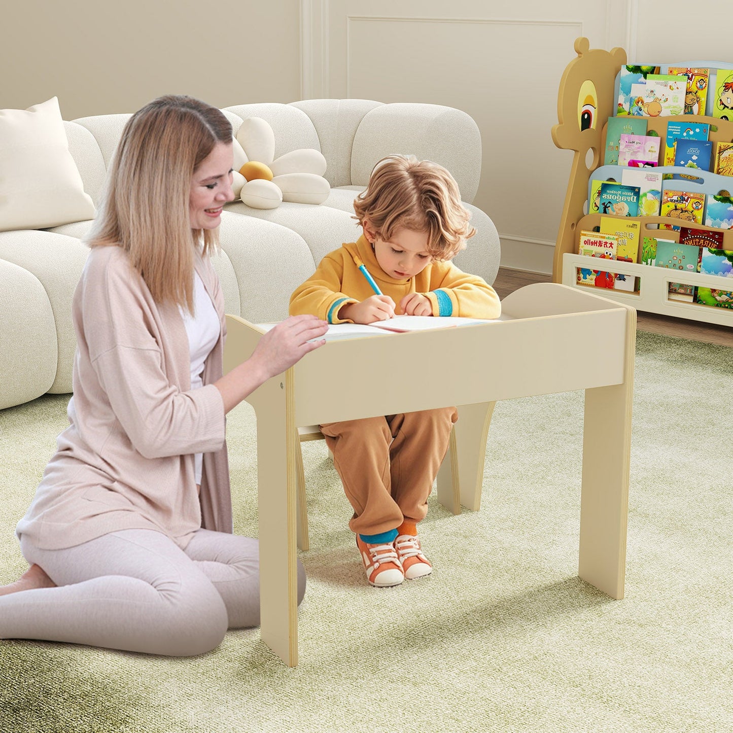 Kids Table and Chair Set with Wide Tabletop and Curved Edges for Kids Room-White