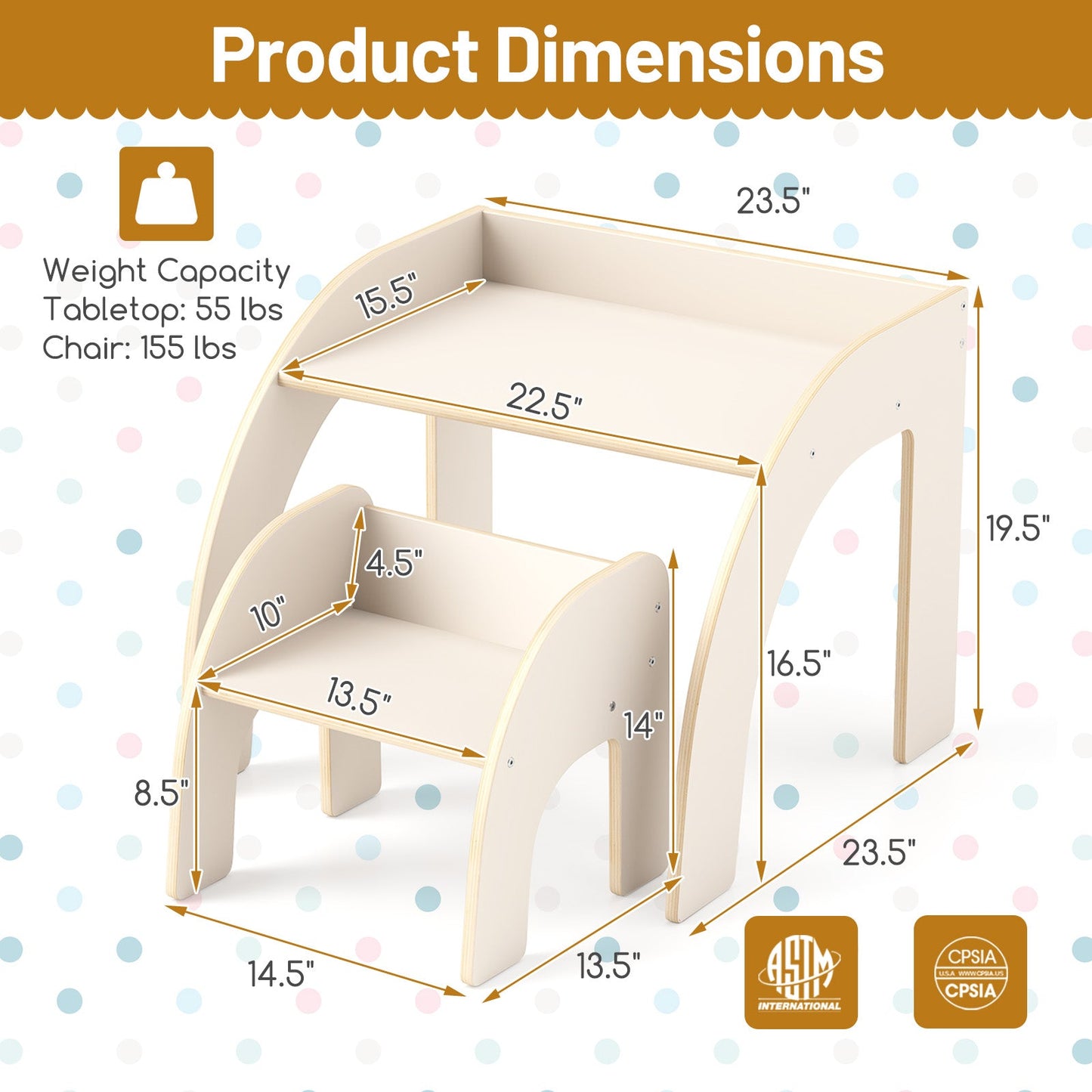 Kids Table and Chair Set with Wide Tabletop and Curved Edges for Kids Room-White