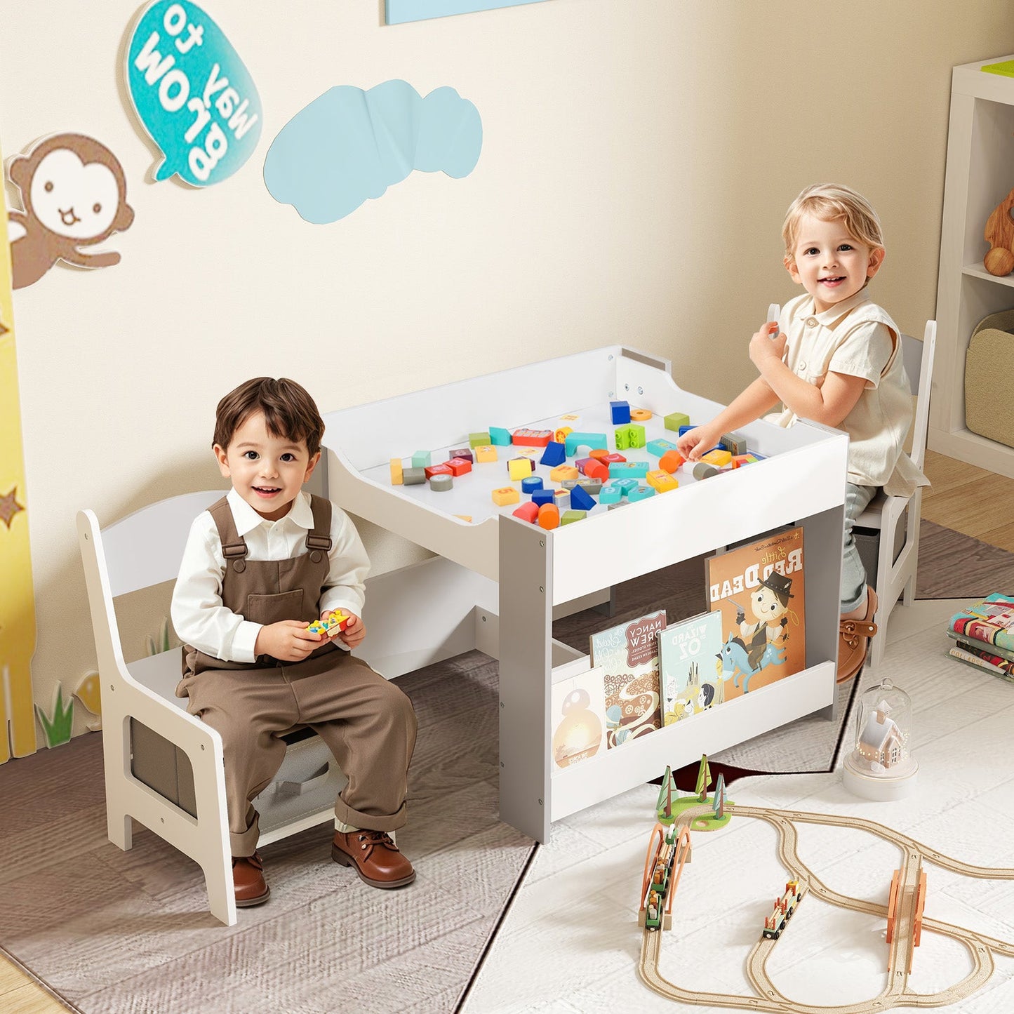 4 in 1 Kids Toddler Activity Table and Chairs Set with Reversible Tabletop-Grey