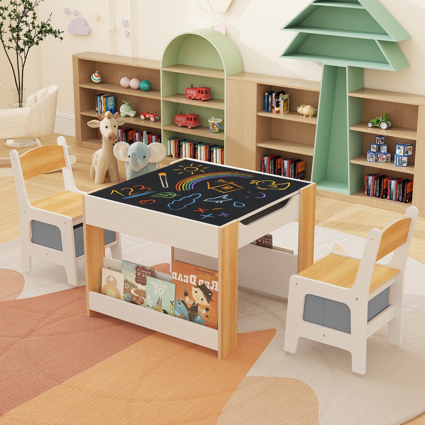 4 in 1 Kids Toddler Activity Table and Chairs Set with Reversible Tabletop-Natural