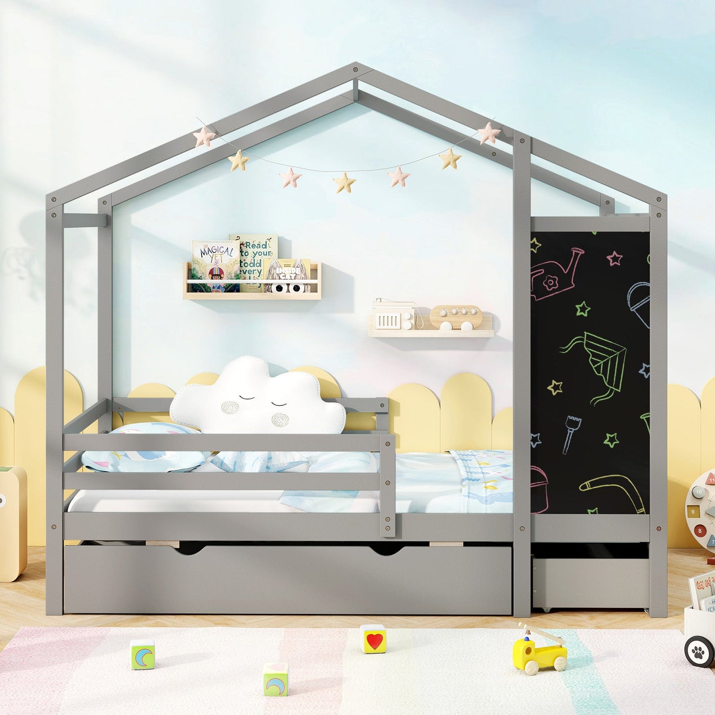 Kids Twin Size Bed with 2 Drawers Solid Wood Bed with Blackboard-Gray