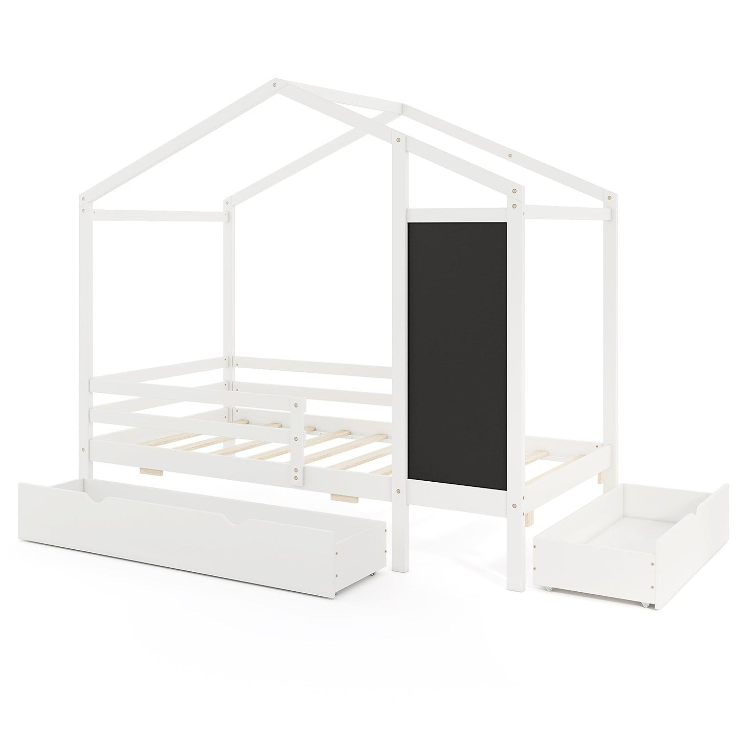 Kids Twin Size Bed with 2 Drawers Solid Wood Bed with Blackboard-White