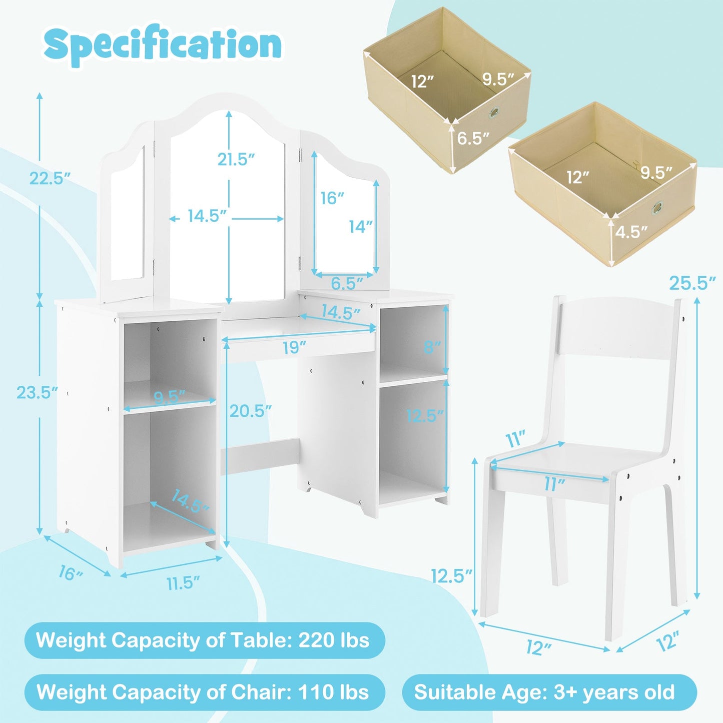 Kids Vanity Table and Chair Set with Removable Mirrors and 4 Storage Bins-White
