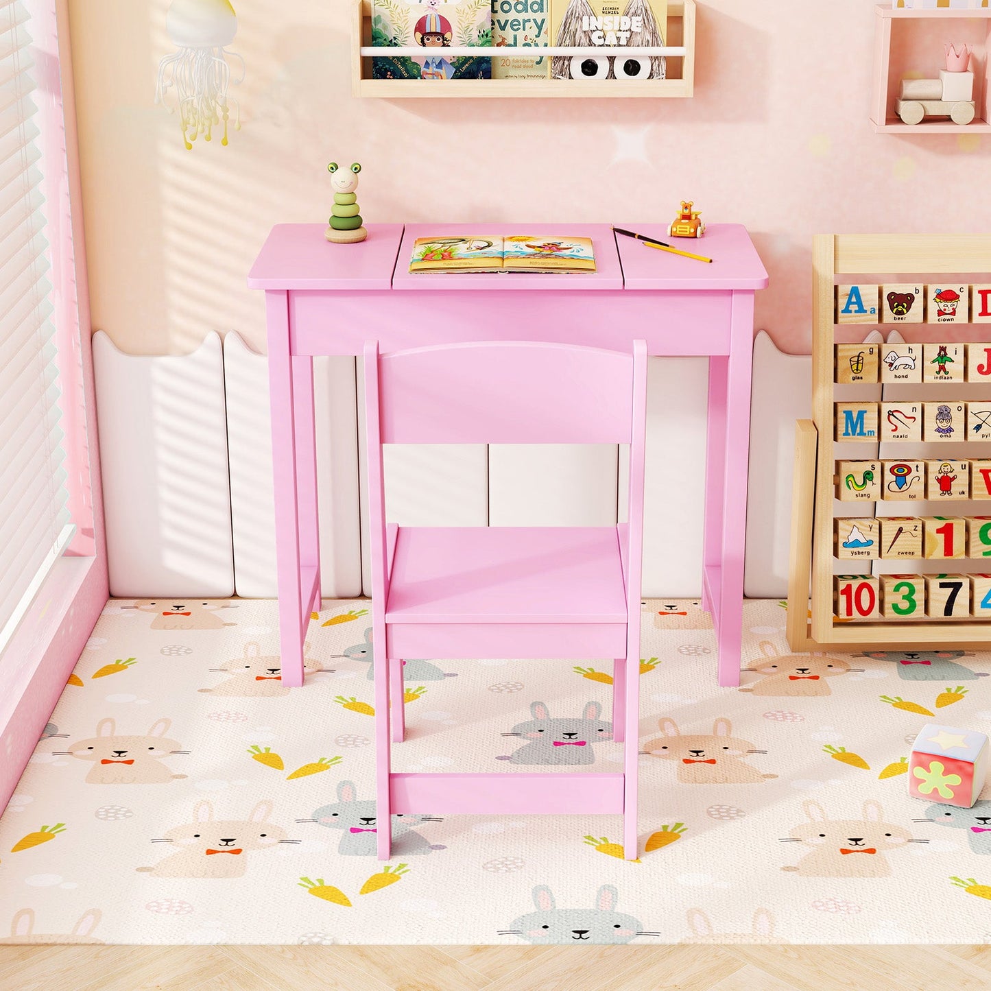 2-in-1 Kids Vanity Makeup Table and Chair Set with Flip Top Mirror-Pink