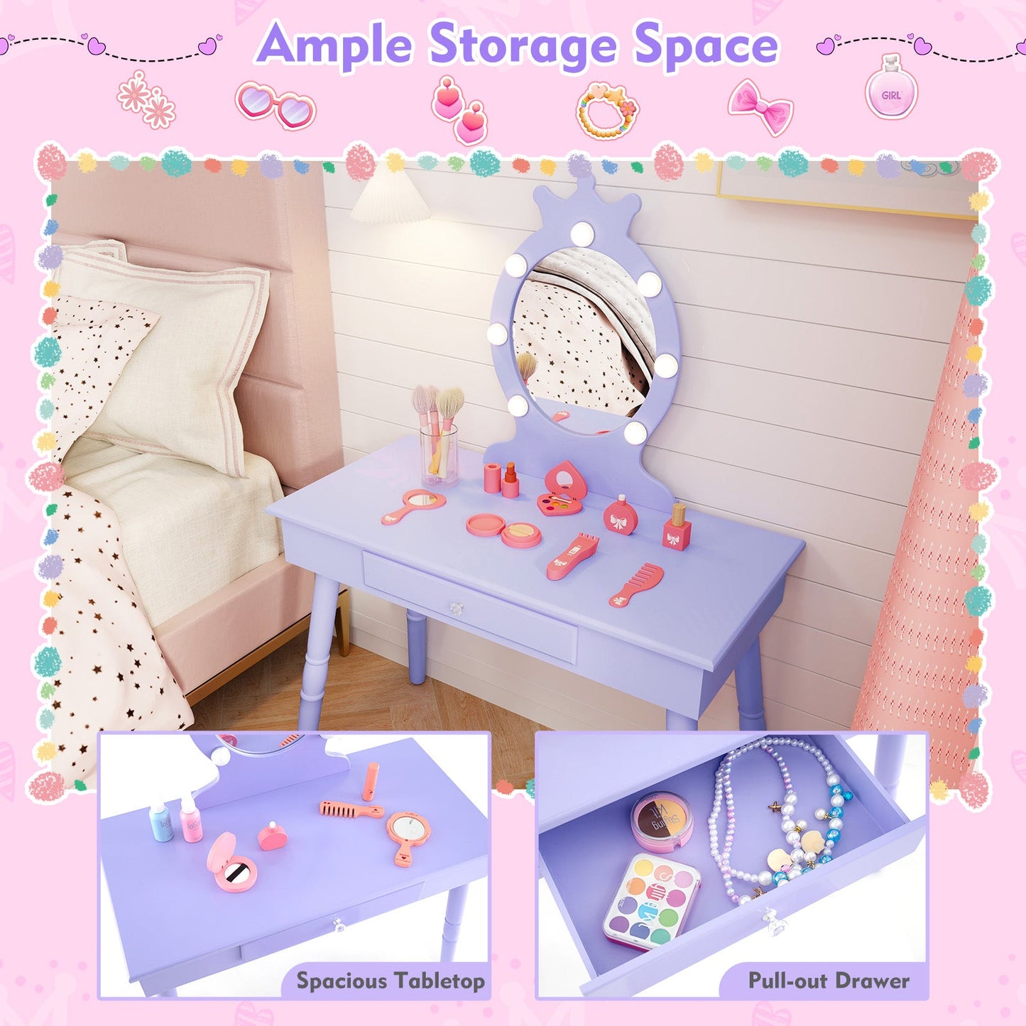 Kids Vanity Set with Lighted Mirror with Adjustable Brightness and Large Drawer-Purple