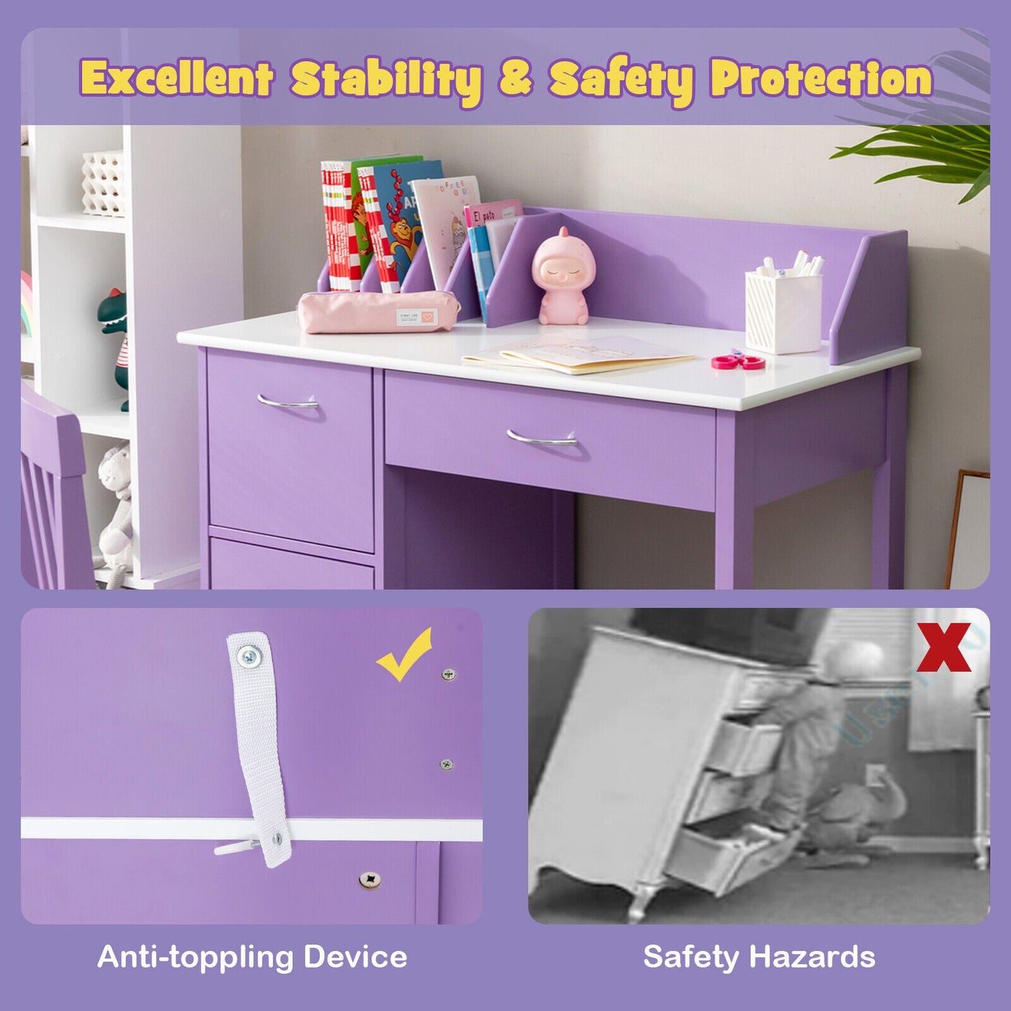 Kids Wooden Writing Furniture Set with Drawer and Storage Cabinet-Purple