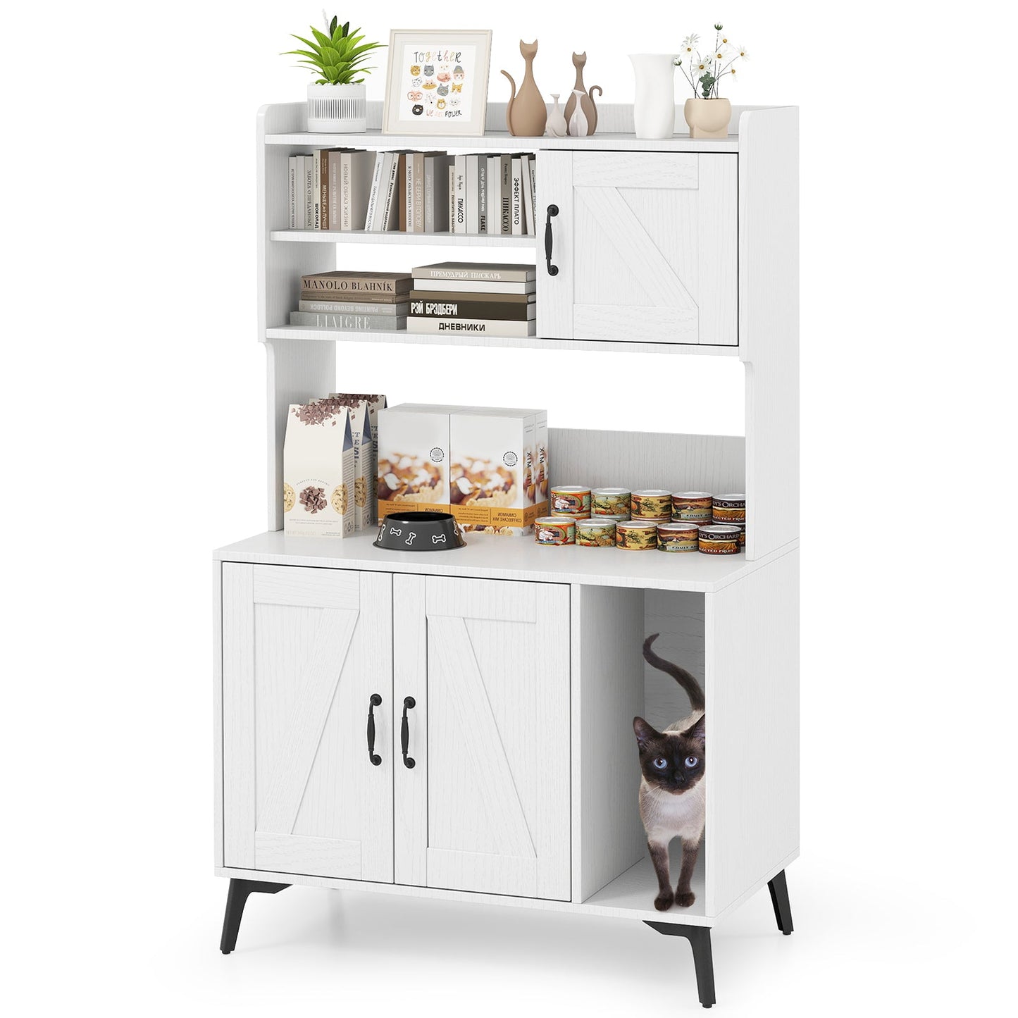 Large Cat Litter Box Enclosure with Display Storage Shelves-White