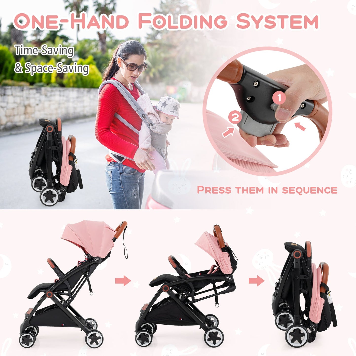 Lightweight Aluminium Frame Baby Stroller with Net-Pink