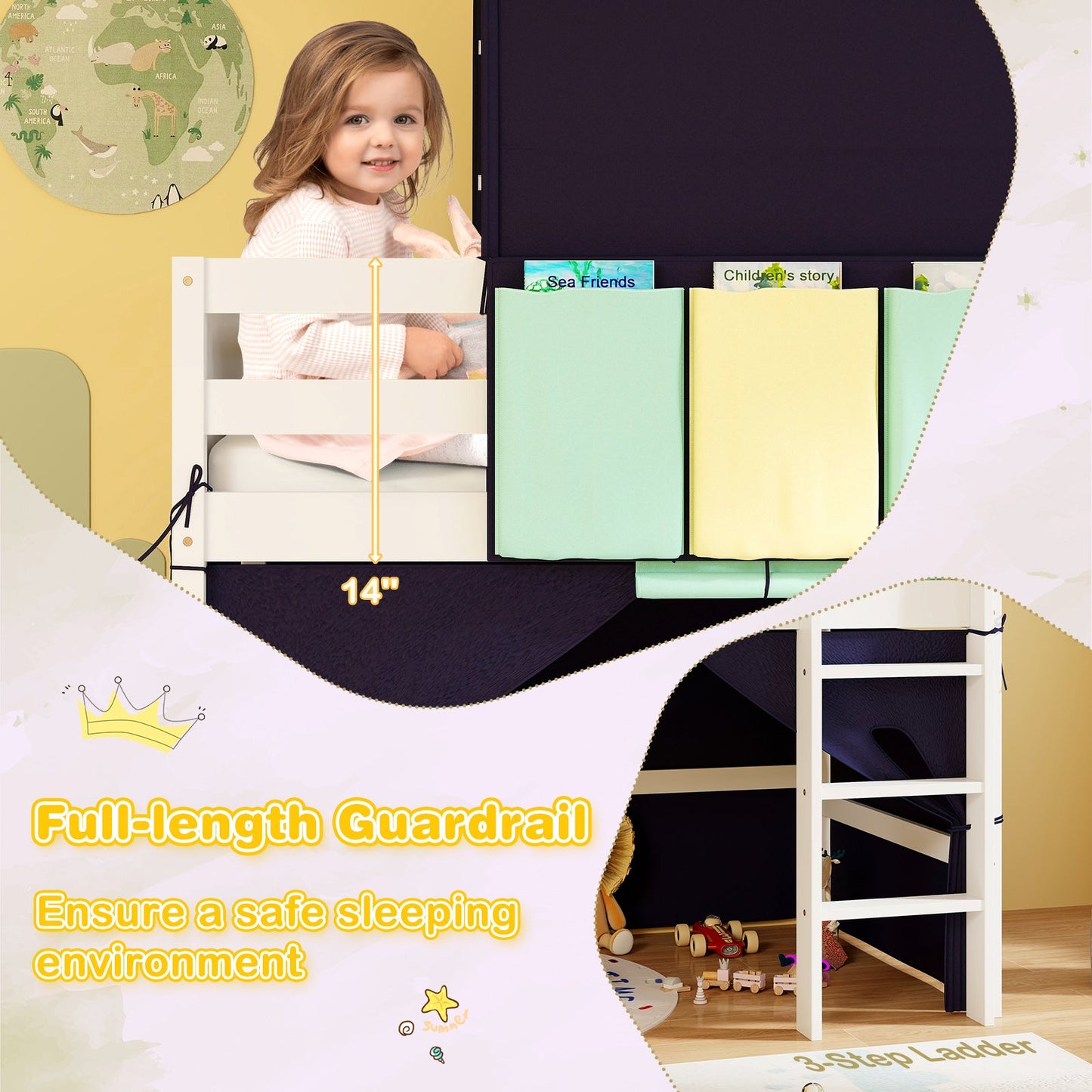 Twin Size Loft Bed Playhouse Bed Frame with Tower Tent and 3 Storage Pockets-Navy