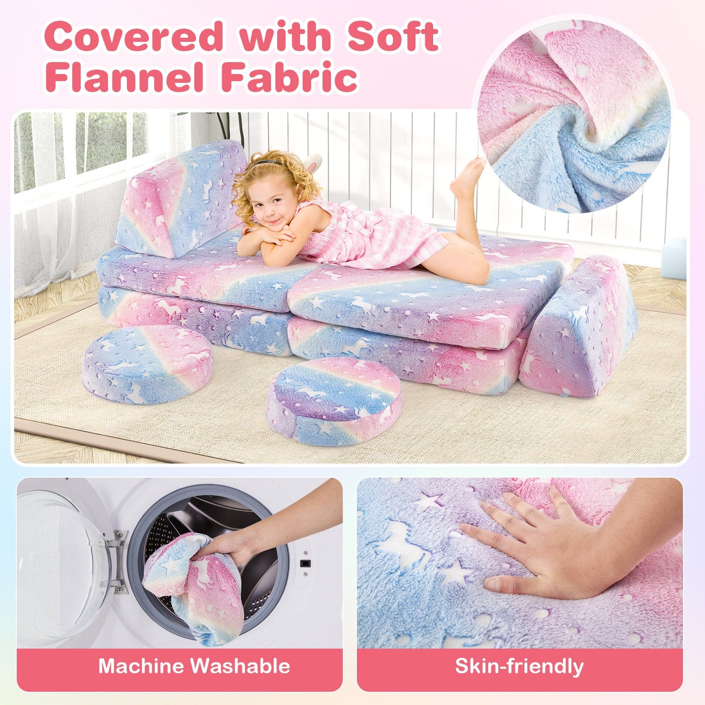 Modular Kids Play Couch Set Glow in the Dark with Portable Handles-Color