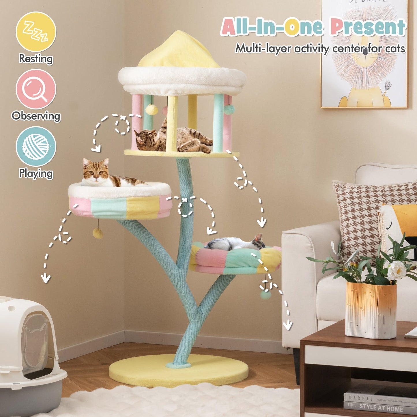 Multi-Layer Cat Tree with 2 Removable Perches Scratching Posts-Color