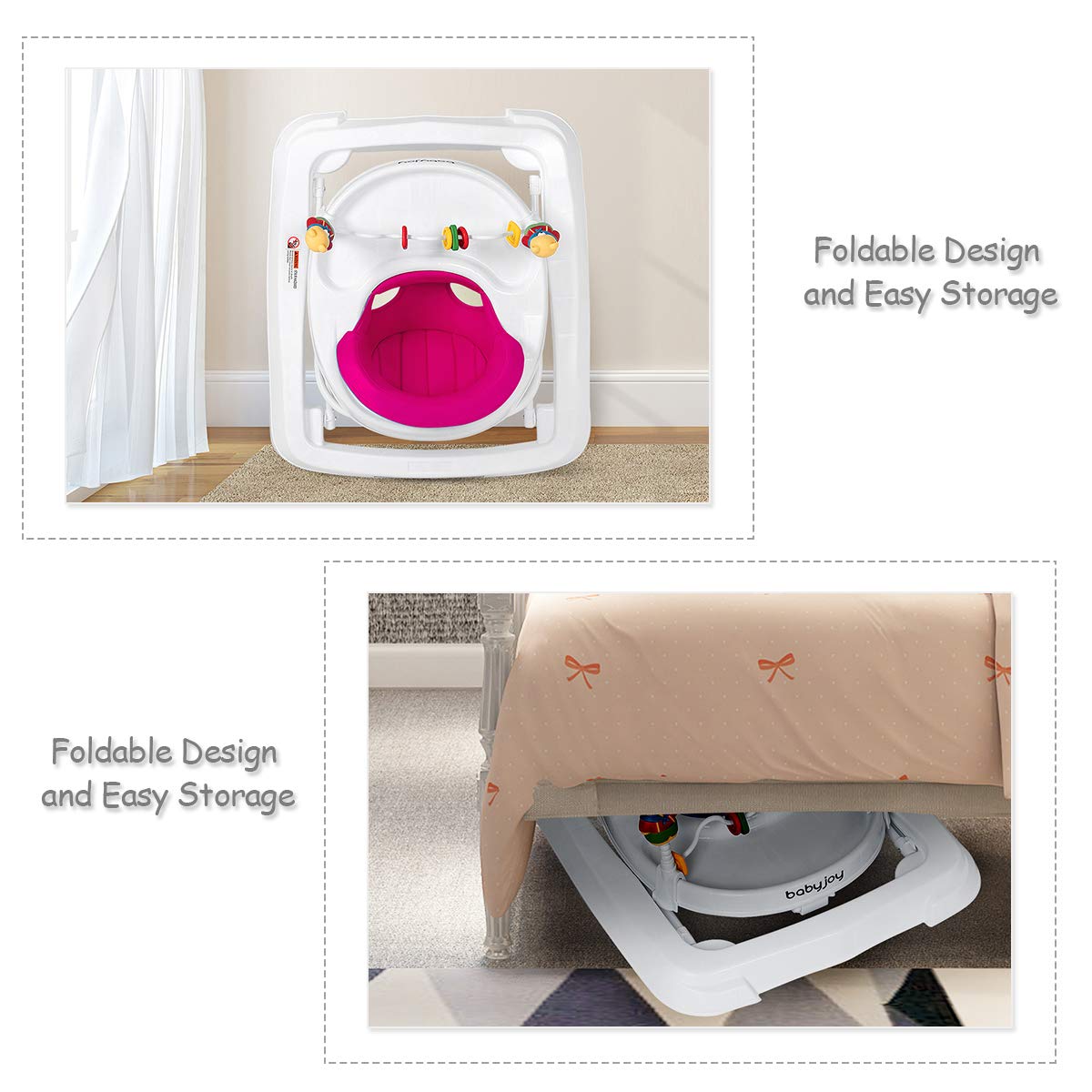 Adjustable Height Removable Folding Portable Baby Walker-Pink