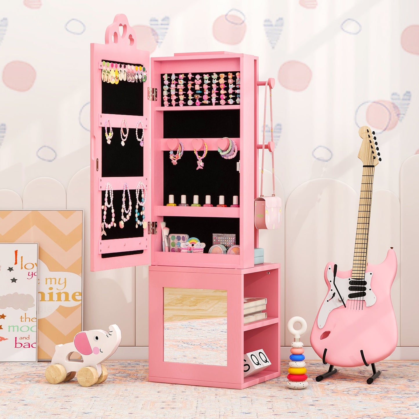 Princess Vanity Table and Stool Set Freestanding Jewelry Cabinet Armoire with Full-Length Mirror-Pink