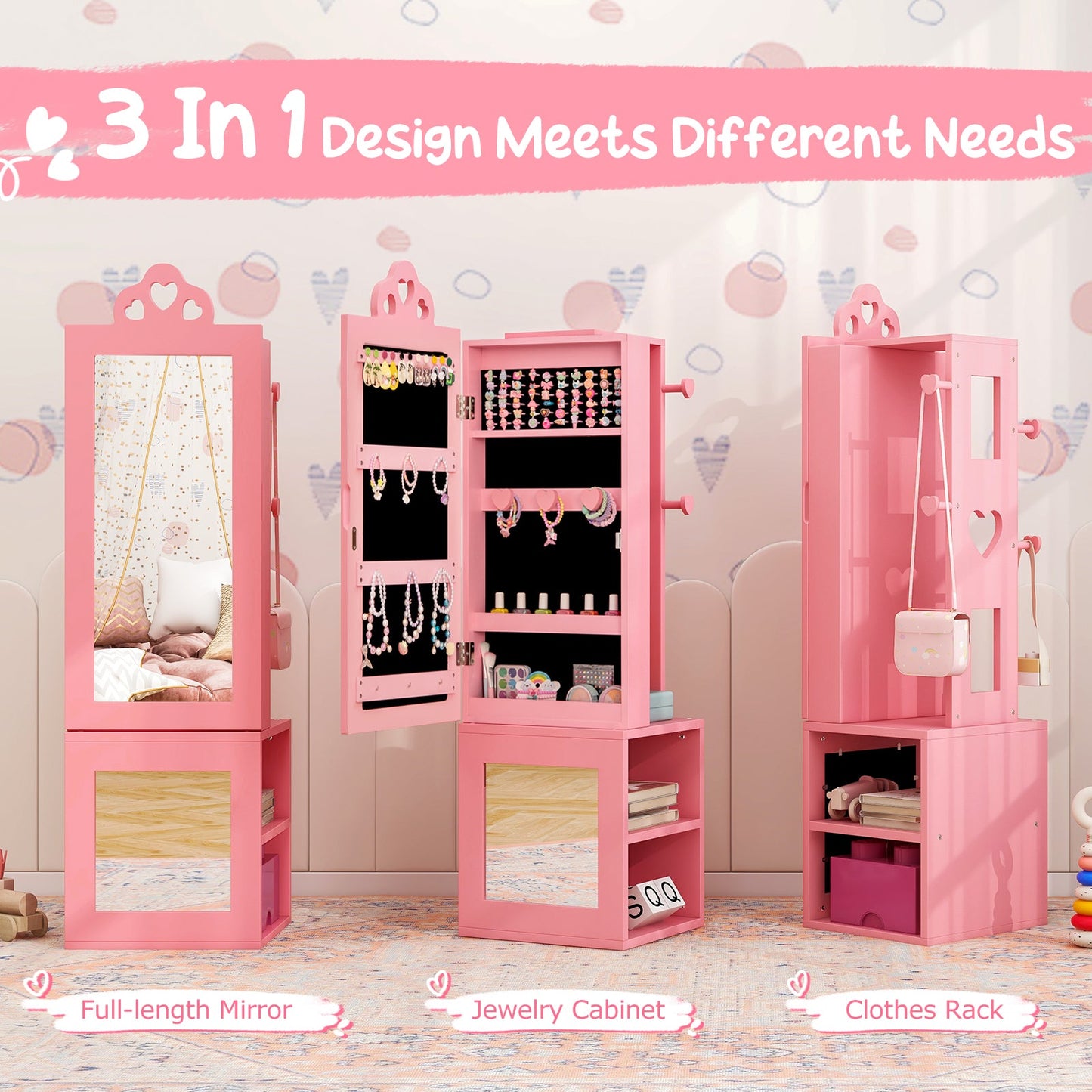 Princess Vanity Table and Stool Set Freestanding Jewelry Cabinet Armoire with Full-Length Mirror-Pink