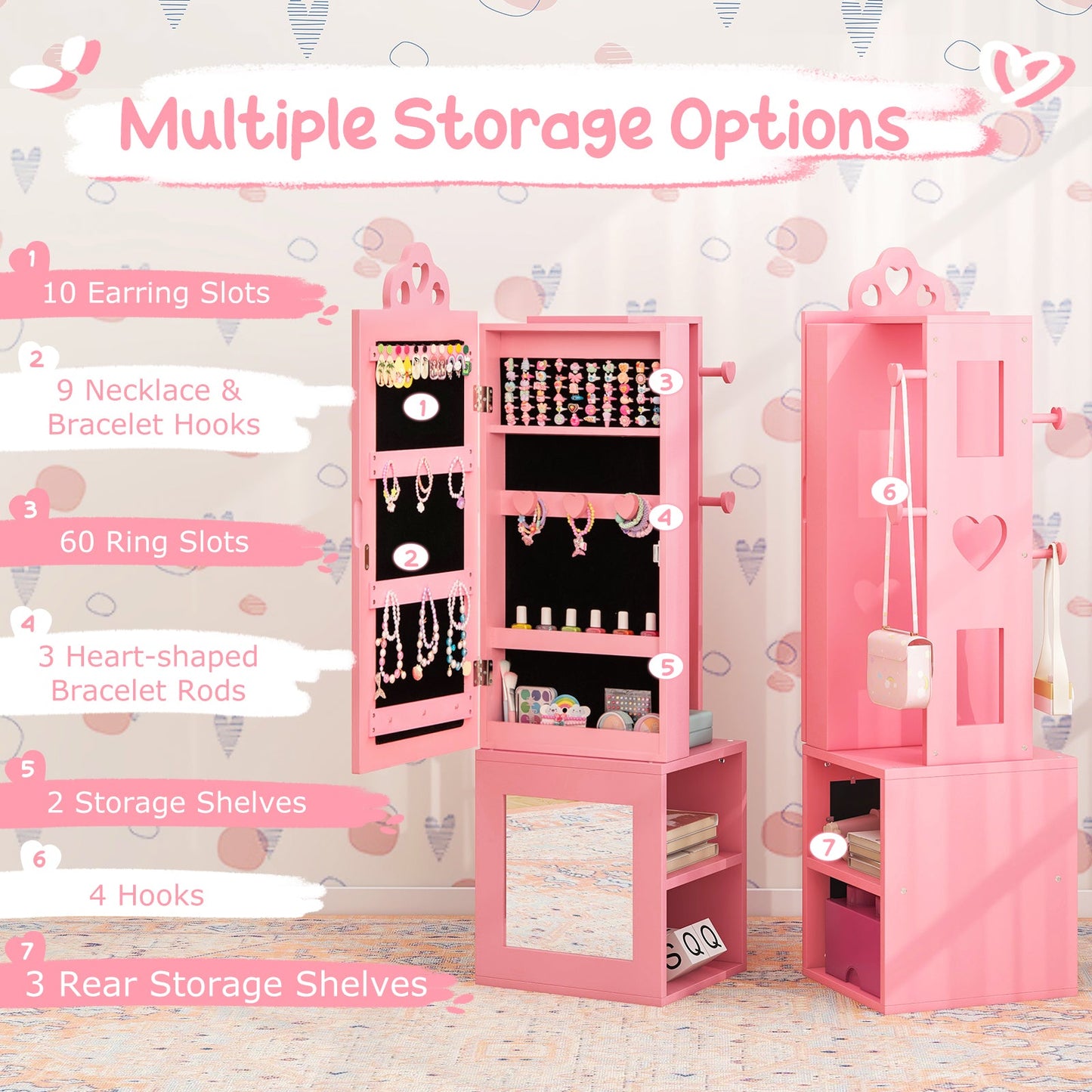 Princess Vanity Table and Stool Set Freestanding Jewelry Cabinet Armoire with Full-Length Mirror-Pink