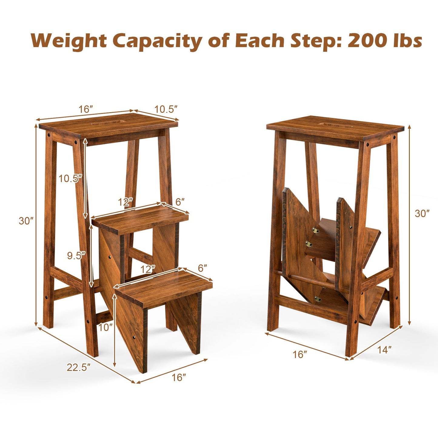 3-in-1 Rubber Wood 3 Tier Folding Step Stool Ladder Storage Shelf-Coffee