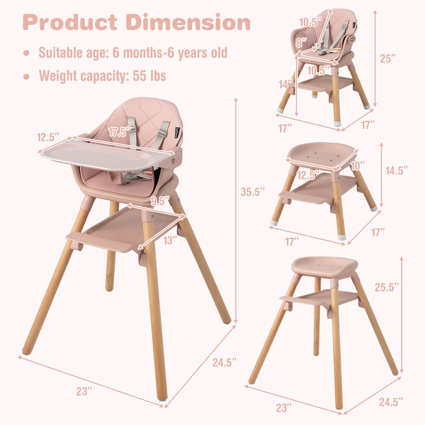 6-in-1 Baby High Chair with Removable Dishwasher and Safe Tray-Pink