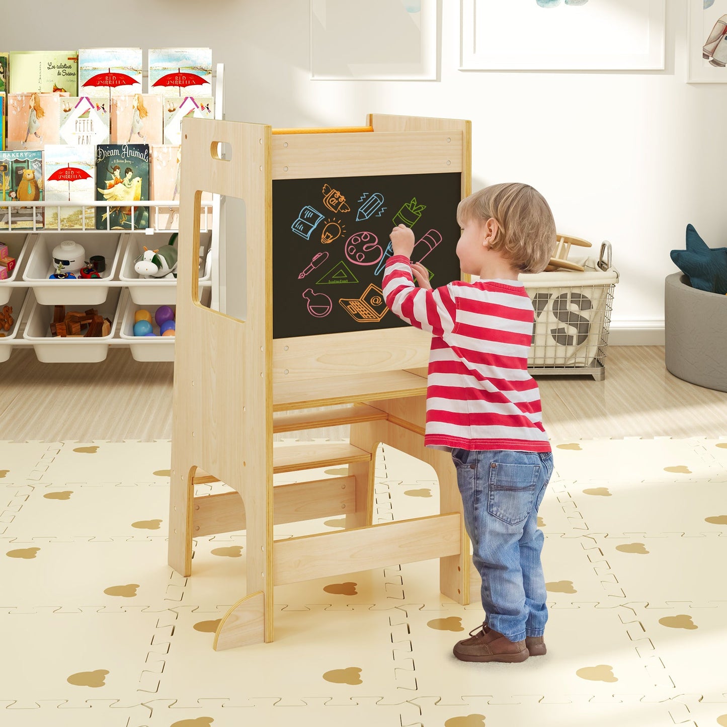 Toddler Kitchen Step Stool with Activity Chalkboard and Adjustable Height-Natural