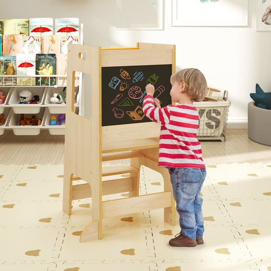 Toddler Kitchen Step Stool with Activity Chalkboard and Adjustable Height-Natural