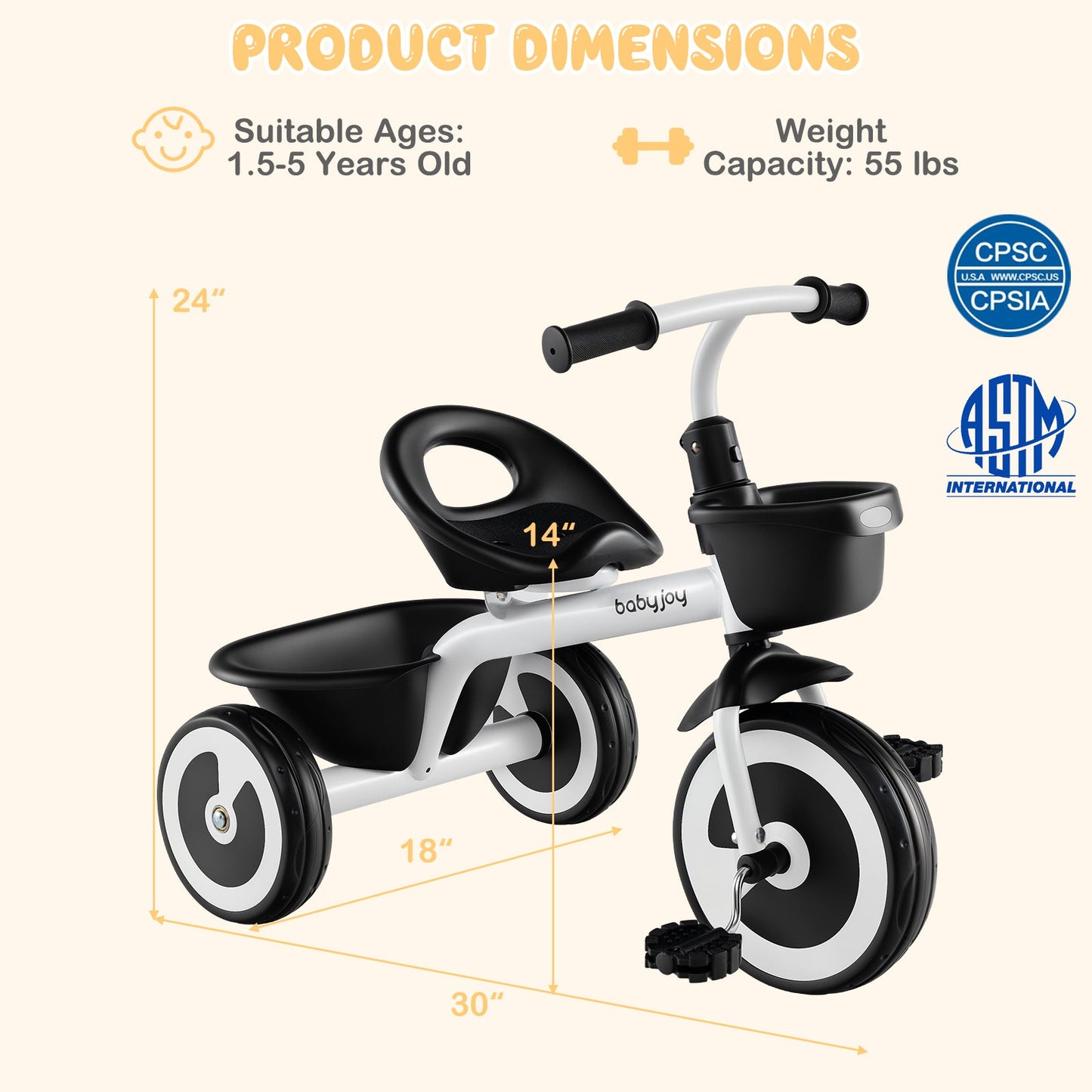 Toddler Tricycle with Adjustable Seat and Storage Baskets for 1.5-5 Years Old-White
