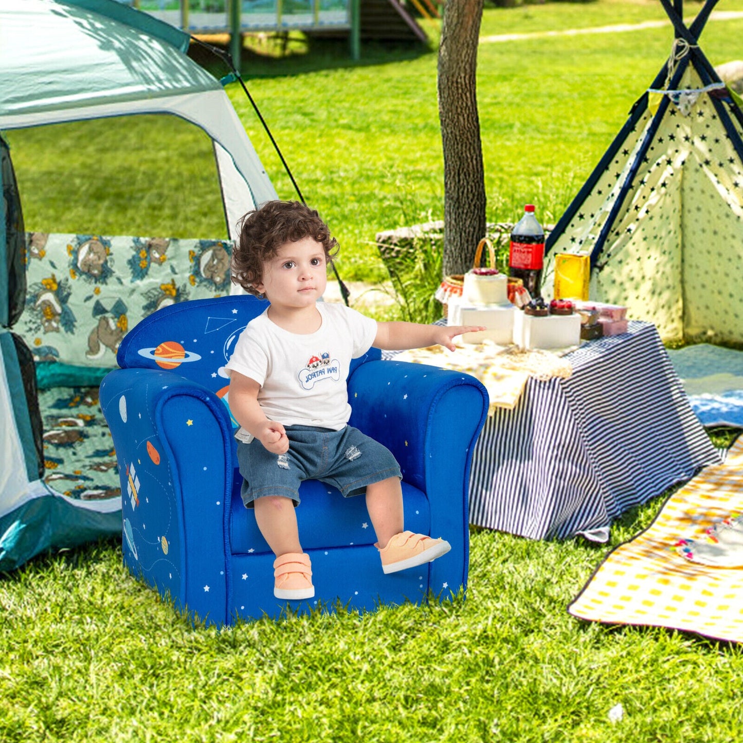 Toddler Upholstered Armchair with Solid Wooden Frame and High-density Sponge Filling-Blue