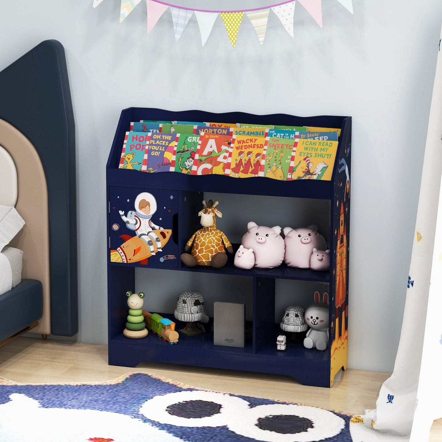 Kids Toy Storage Organizer with Book Shelf and Storage Cabinet-Navy