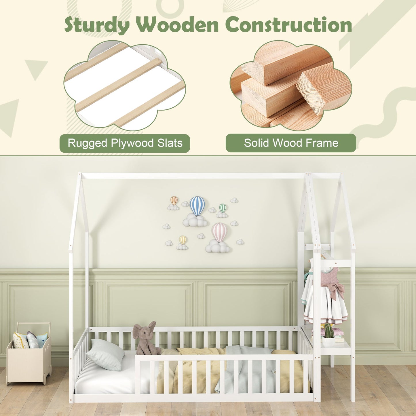 Twin House Floor Bed Montessori Bed Frame with Storage Shelf-White