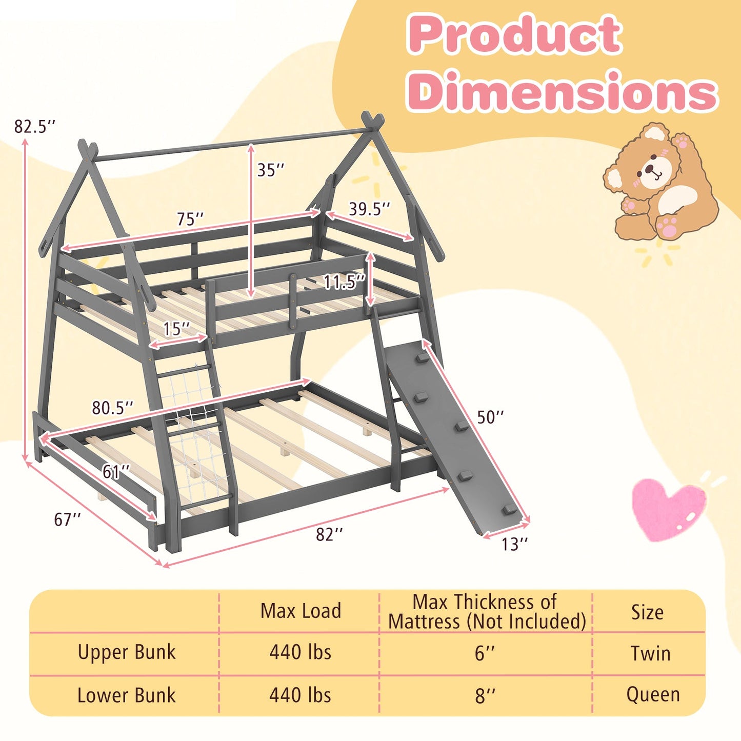 Twin Over Queen Bunk Bed Wooden Kids Bed with Climbing Nets and Ramp-Gray